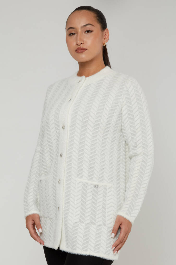 Women's Angora Cardigan Stripe Detail Ecru - 30816 | KAZEE