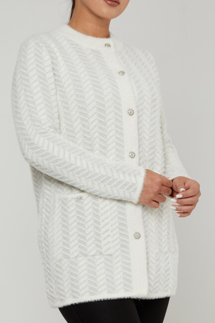 Women's Angora Cardigan Stripe Detail Ecru - 30816 | KAZEE - Thumbnail