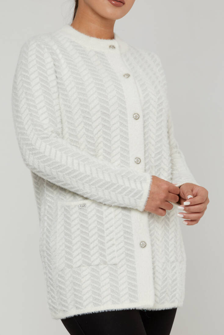 Women's Angora Cardigan Stripe Detail Ecru - 30816 | KAZEE