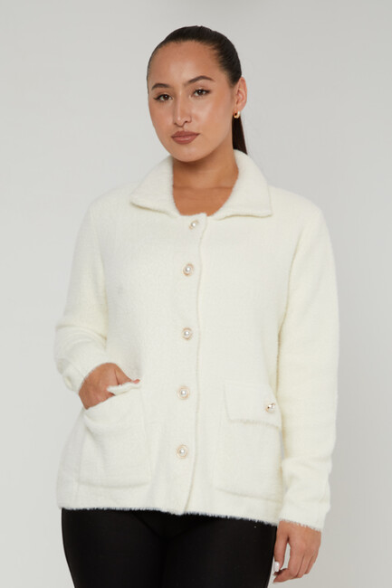 Women's Angora Cardigan Pocket Detail Ecru - 30756 | KAZEE - Thumbnail