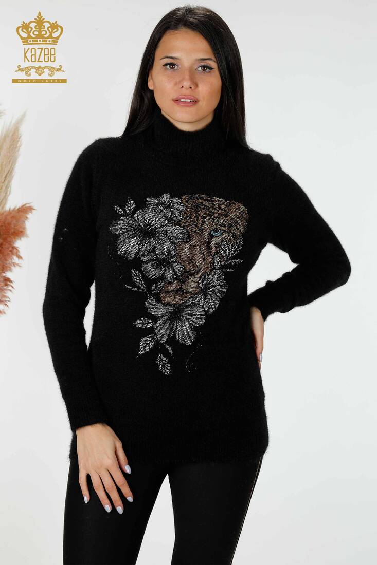 Women's Angora Sweater Tiger Pattern Black - 16993 | KAZEE