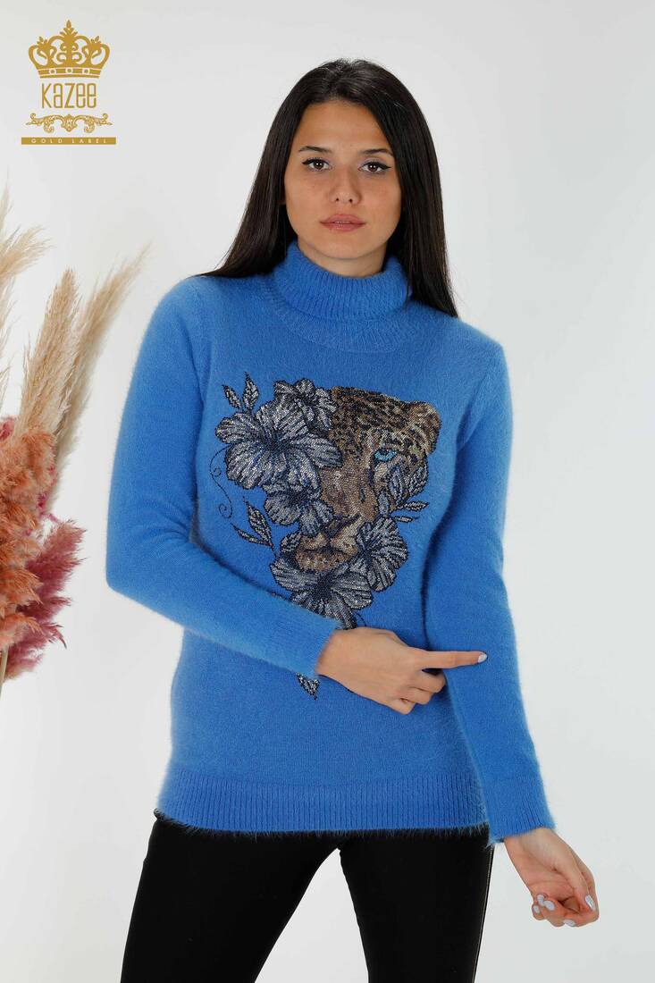 Women's Angora Sweater Tiger Pattern Blue - 16993 | KAZEE