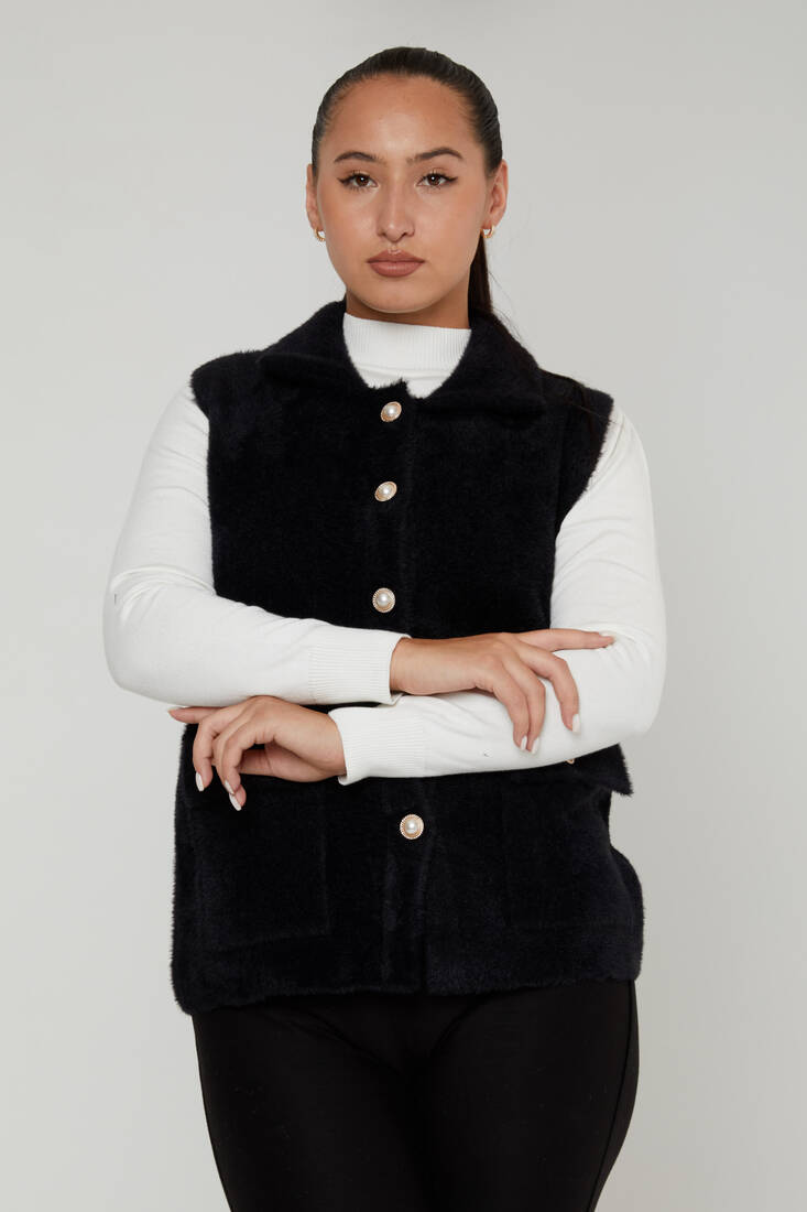 Women's Angora Vest Pearl Buttoned Black - 30999 | KAZEE