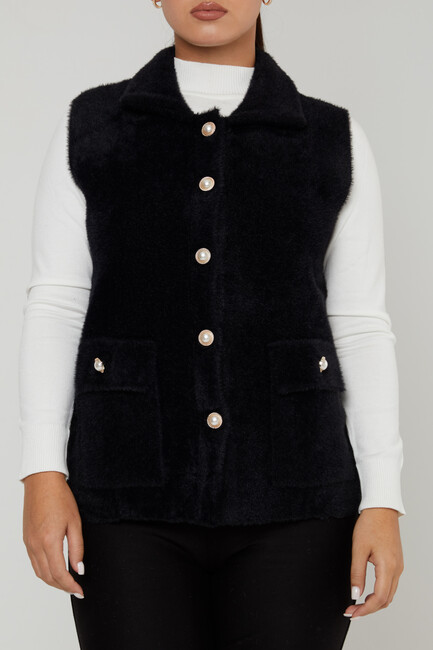 Women's Angora Vest Pearl Buttoned Black - 30999 | KAZEE - Thumbnail