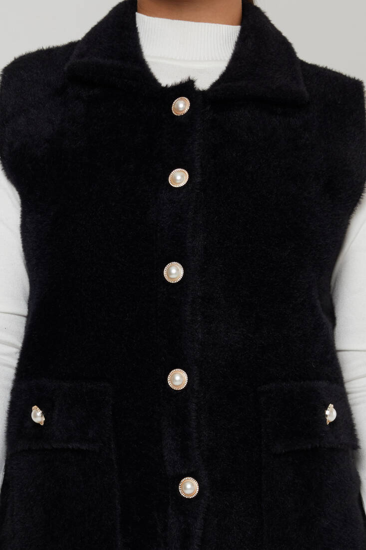 Women's Angora Vest Pearl Buttoned Black - 30999 | KAZEE