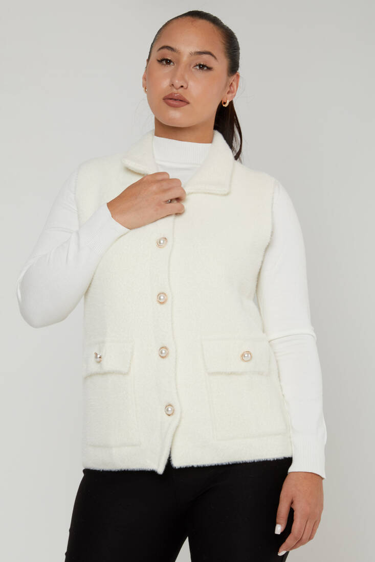 Women's Angora Vest Pearl Buttoned Ecru - 30999 | KAZEE