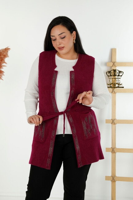 Women's Angora Vest Stone Embroidered Pocket Purple - 30495 | KAZEE - Thumbnail