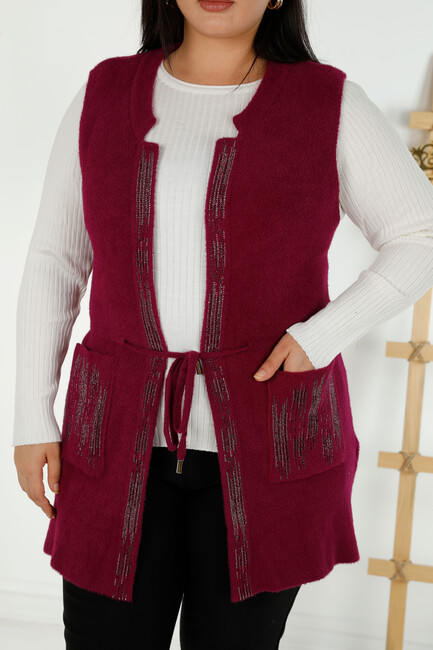 Women's Angora Vest Stone Embroidered Pocket Purple - 30495 | KAZEE - Thumbnail