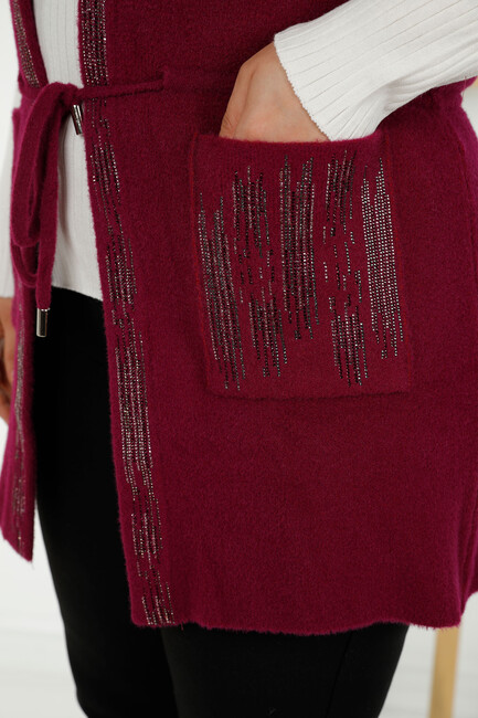 Women's Angora Vest Stone Embroidered Pocket Purple - 30495 | KAZEE - Thumbnail