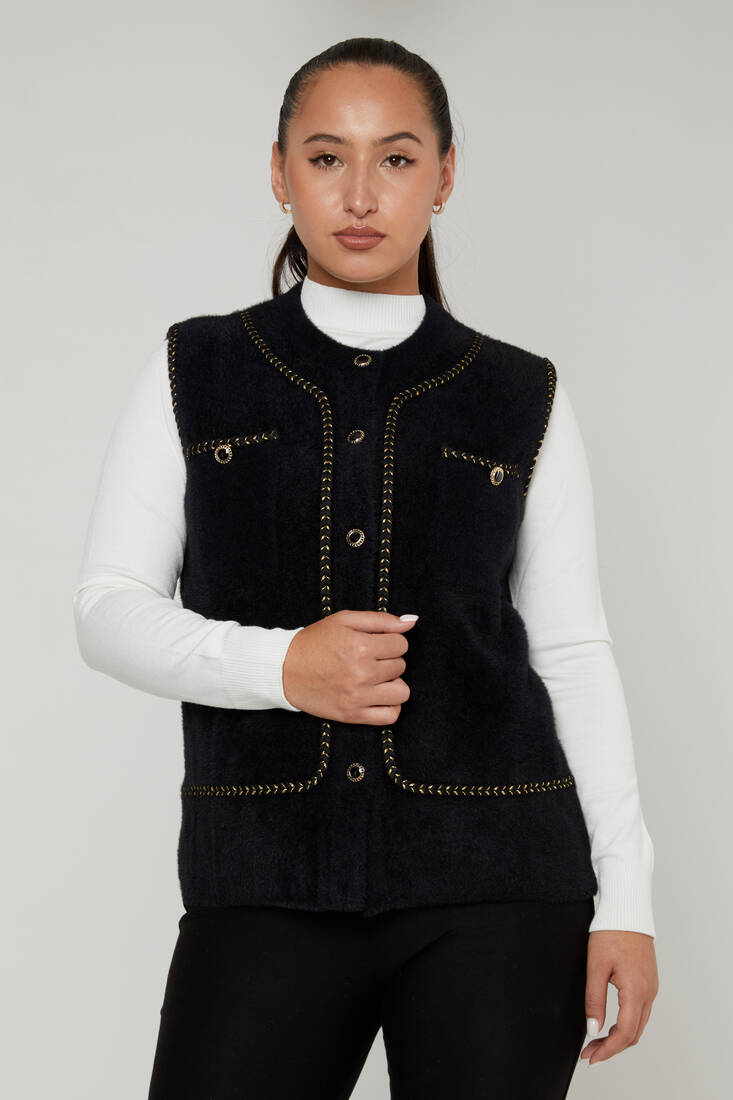 Women's Angora Vest Button Detail Black - 30755 | KAZEE