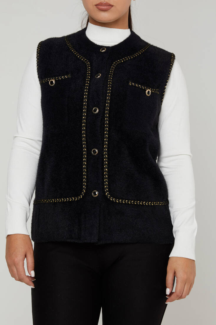 Women's Angora Vest Button Detail Black - 30755 | KAZEE