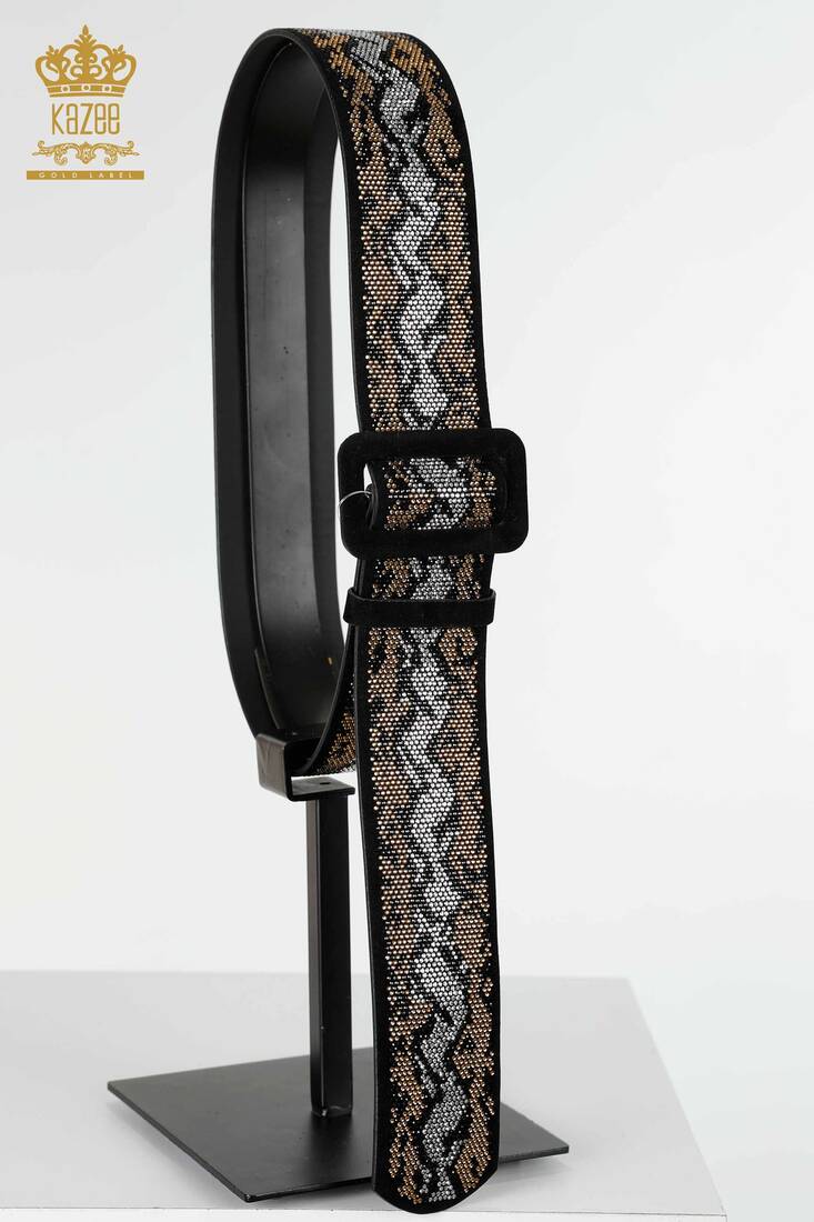 Women's Belt Colored Stone Embroidered Black - 505 | KAZEE