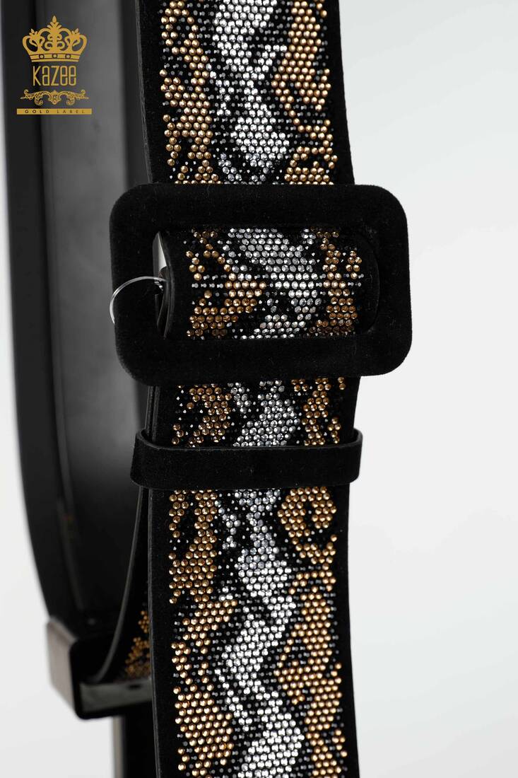 Women's Belt Colored Stone Embroidered Black - 505 | KAZEE