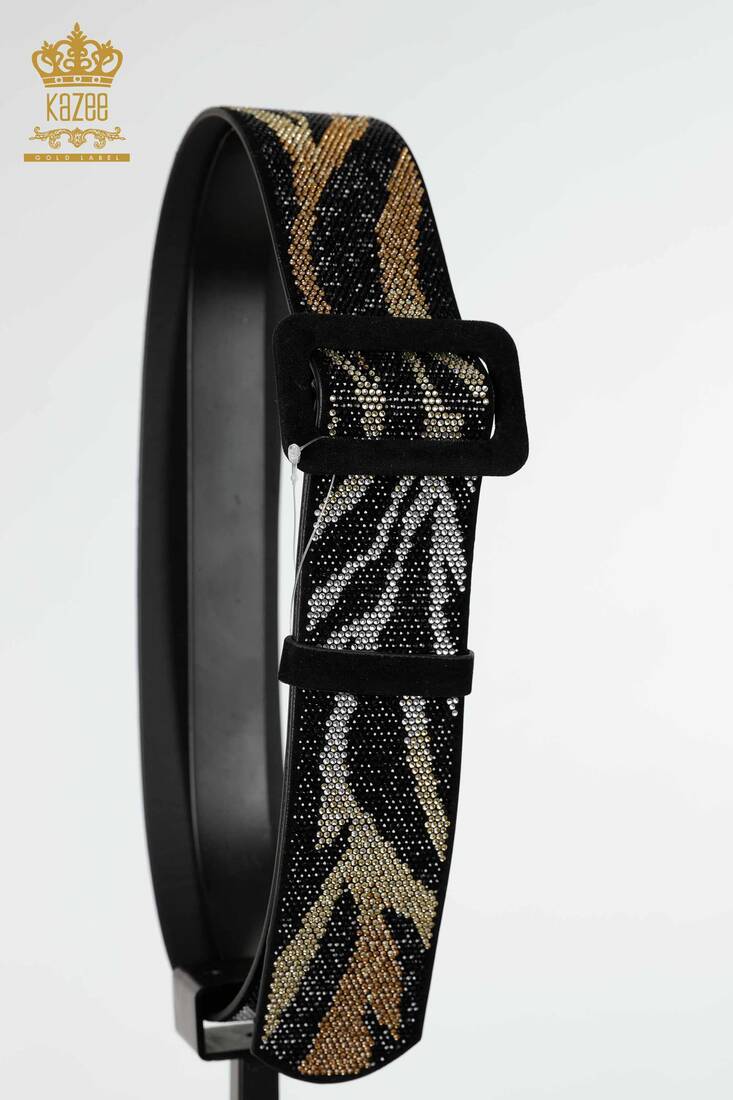 Women's Belt Colored Stone Embroidered Black - 535 | KAZEE