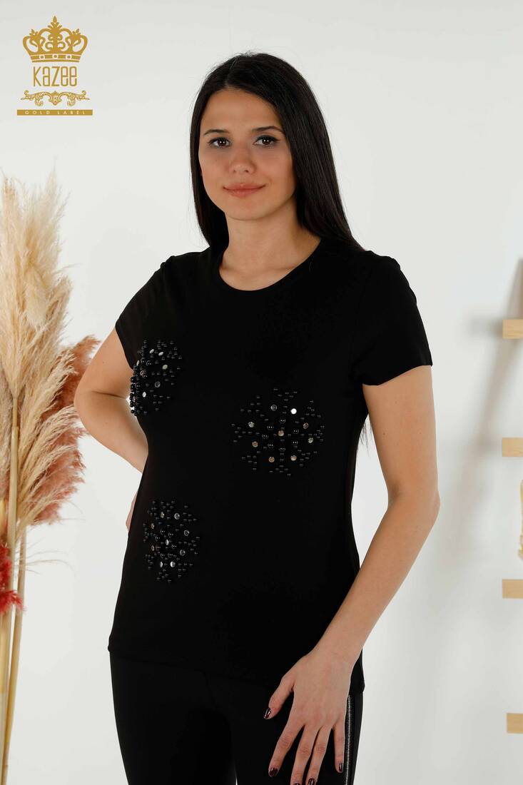 Women's Blouse Beaded Embroidered Black - 79201 | KAZEE