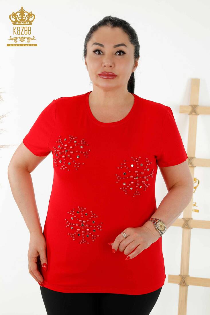 Women's Blouse Beaded Embroidered Red - 79201 | KAZEE