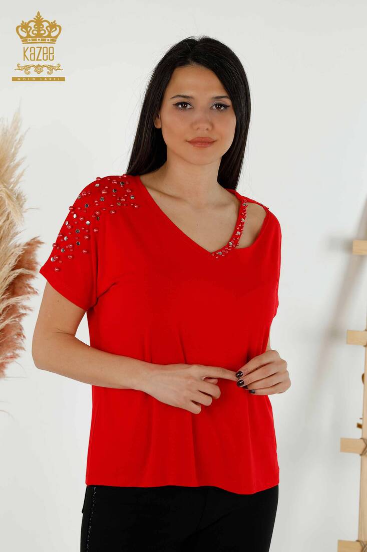 Women's Blouse Beaded Red - 79200 | KAZEE