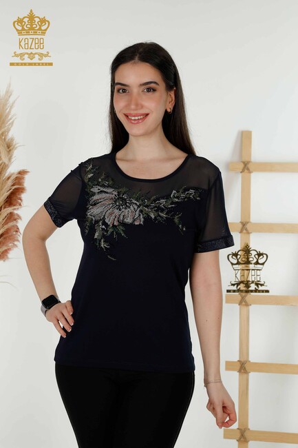 Women's Blouse Floral Detailed Navy Blue - 79106 | KAZEE - Thumbnail