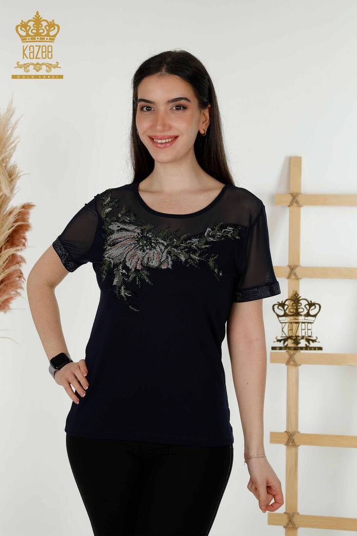 Women's Blouse Floral Detailed Navy Blue - 79106 | KAZEE