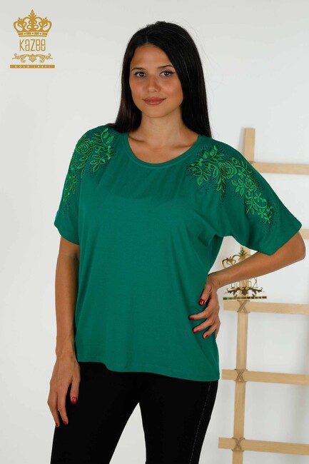 Women's Blouse Green With Floral Embroidery - 79097 | KAZEE - Thumbnail