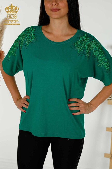 Women's Blouse Green With Floral Embroidery - 79097 | KAZEE - Thumbnail