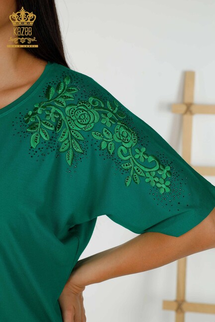 Women's Blouse Green With Floral Embroidery - 79097 | KAZEE - Thumbnail