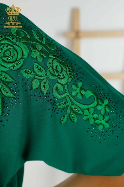 Women's Blouse Green With Floral Embroidery - 79097 | KAZEE - Thumbnail