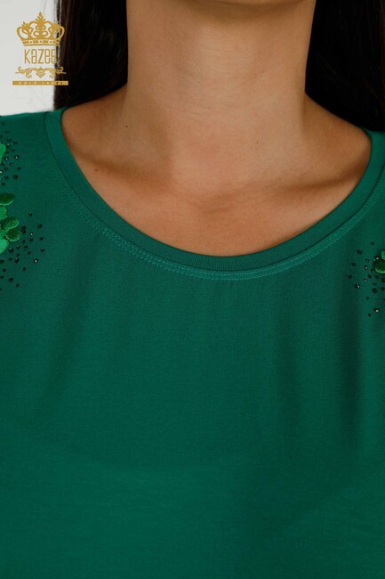 Women's Blouse Green With Floral Embroidery - 79097 | KAZEE - Thumbnail