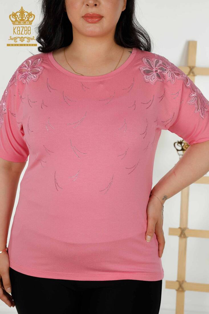 Women's Blouse Pink With Floral Embroidery - 79086 | KAZEE