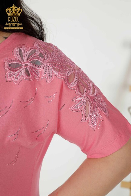 Women's Blouse Pink With Floral Embroidery - 79086 | KAZEE - Thumbnail