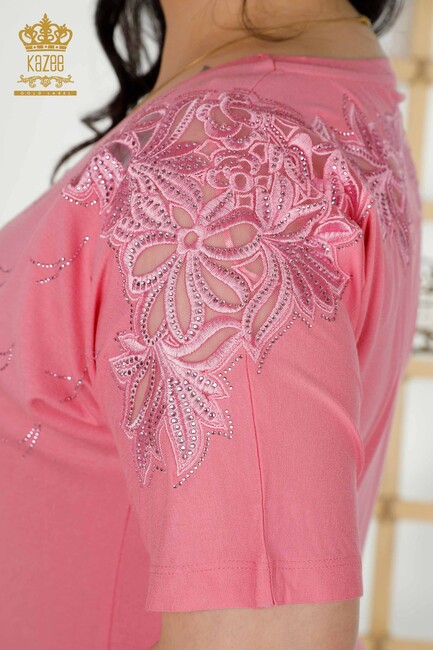 Women's Blouse Pink With Floral Embroidery - 79086 | KAZEE - Thumbnail