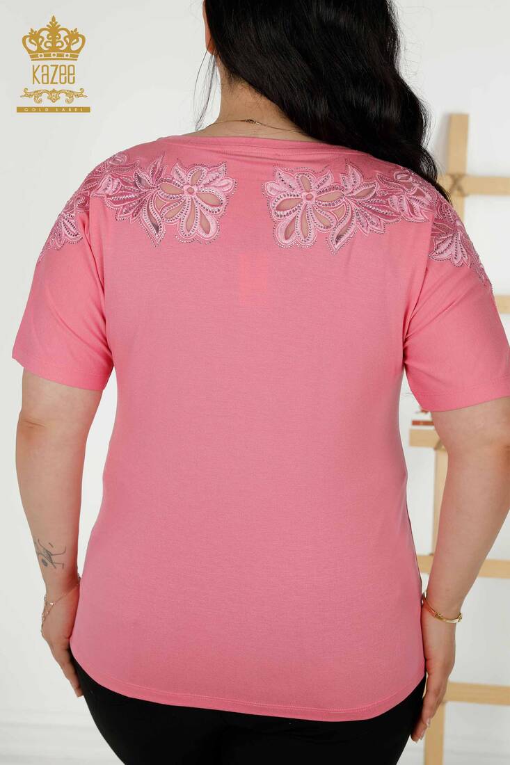 Women's Blouse Pink With Floral Embroidery - 79086 | KAZEE