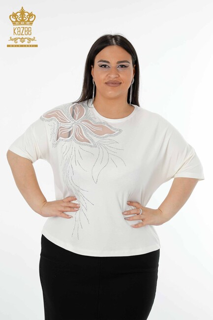 Women's Blouse Floral Tulle Detailed Ecru - 78908 | KAZEE - Thumbnail