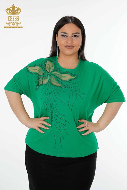 Women's Blouse Floral Tulle Detailed Green - 78908 | KAZEE - Thumbnail