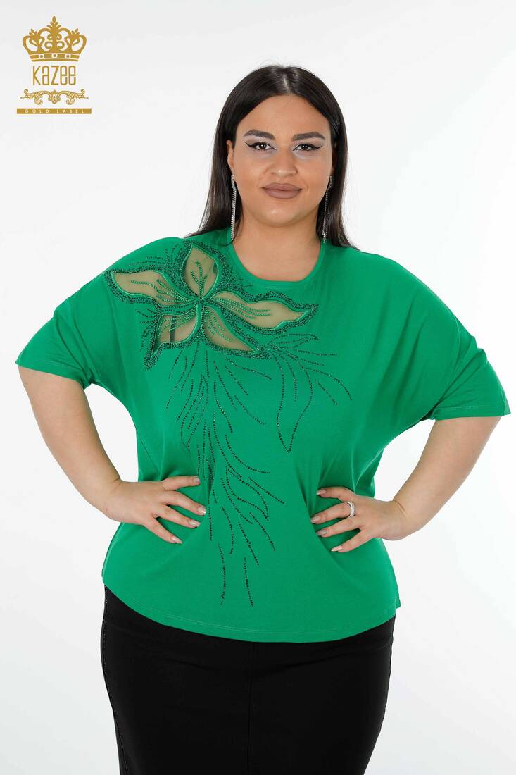 Women's Blouse Floral Tulle Detailed Green - 78908 | KAZEE