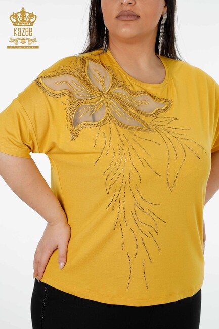 Women's Blouse Floral Tulle Detailed Saffron - 78908 | KAZEE - Thumbnail