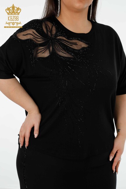 Women's Blouse Floral Tulle Detailed Black - 78908 | KAZEE - Thumbnail