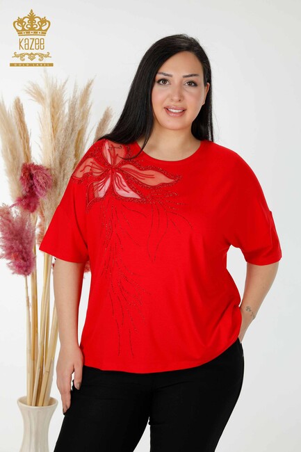 Women's Blouse Floral Tulle Detailed Red - 78908 | KAZEE - Thumbnail