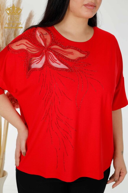 Women's Blouse Floral Tulle Detailed Red - 78908 | KAZEE - Thumbnail