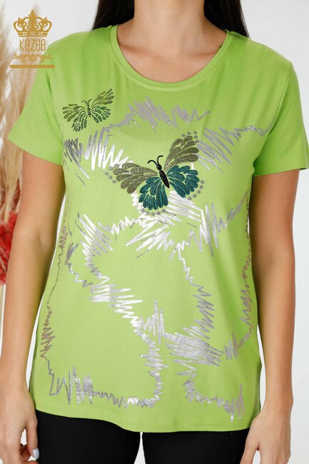 Women's Blouse Butterfly Detail Pistachio Green - 78926 | KAZEE - Thumbnail