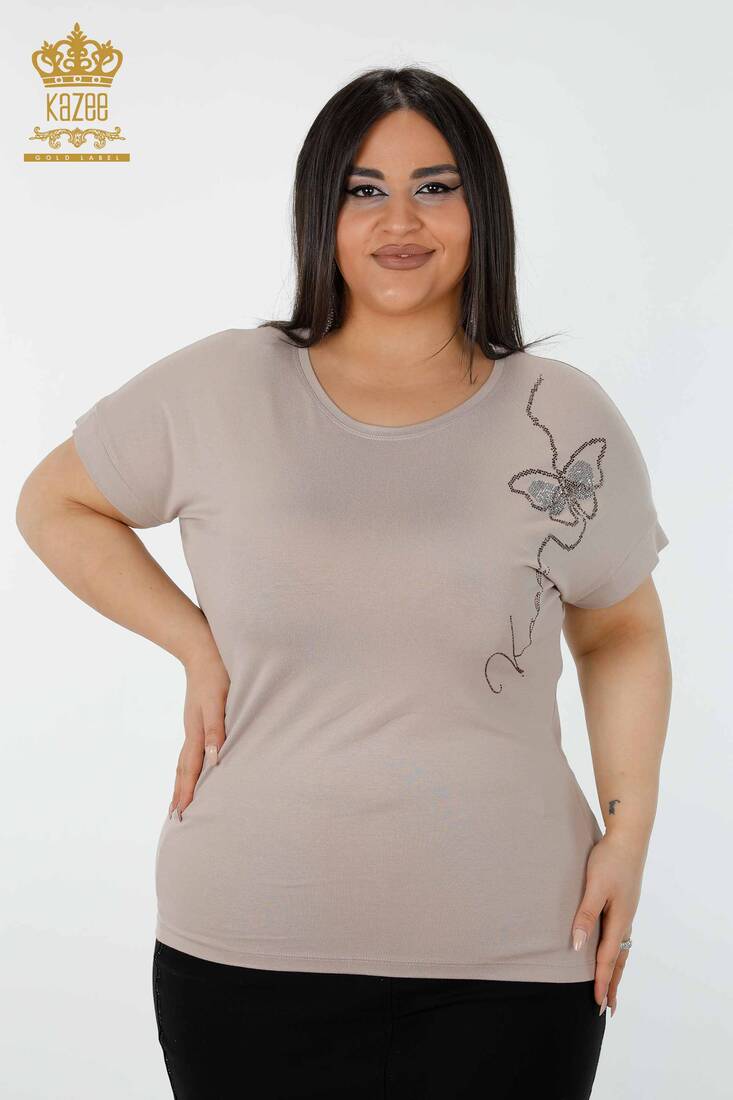 Women's Blouse Butterfly Pattern Beige - 78956 | KAZEE