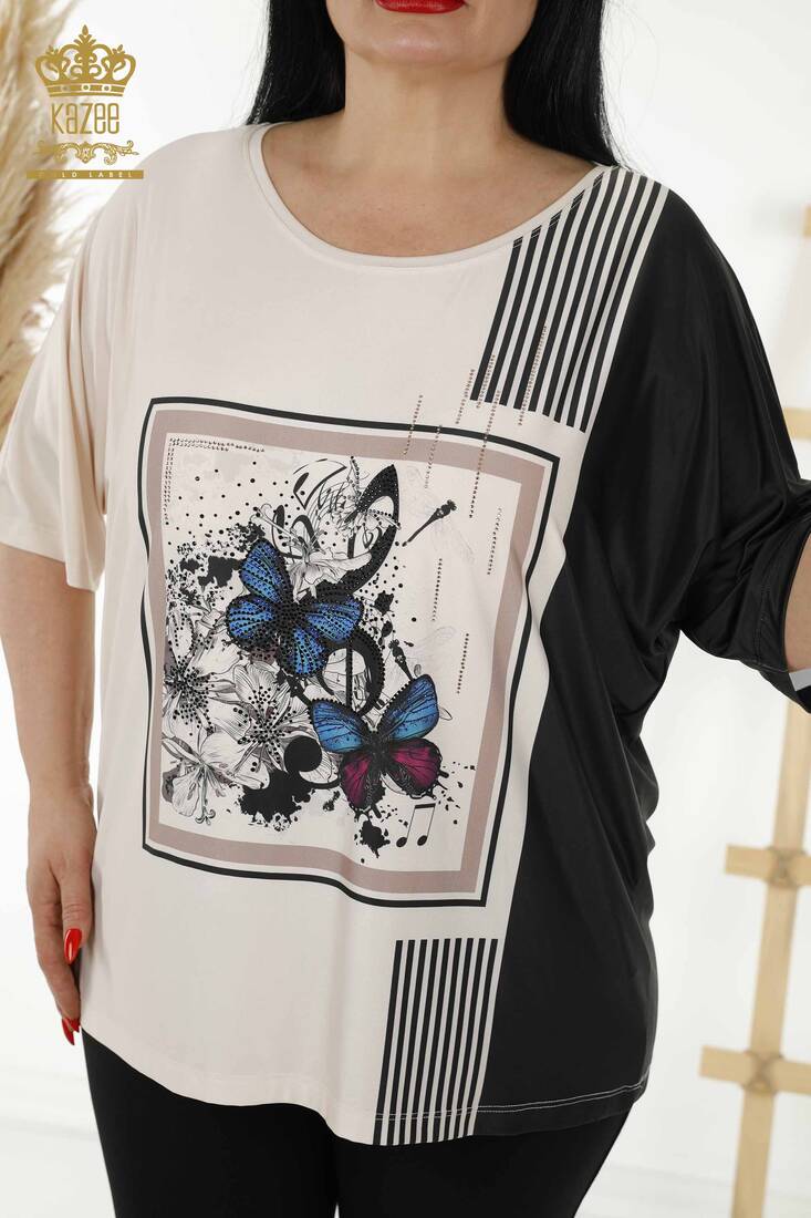 Women's Blouse Butterfly Pattern Black - 12039 | KAZEE