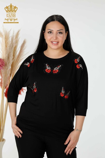 Women's Blouse Butterfly Pattern Black - 77901 | KAZEE - Thumbnail