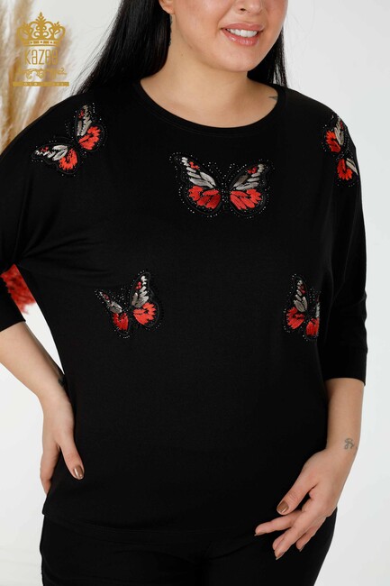 Women's Blouse Butterfly Pattern Black - 77901 | KAZEE - Thumbnail