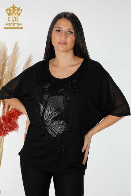 Women's Blouse Butterfly Pattern Black - 77998 | KAZEE - Thumbnail