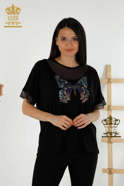 Women's Blouse Butterfly Pattern Black - 79103 | KAZEE - Thumbnail