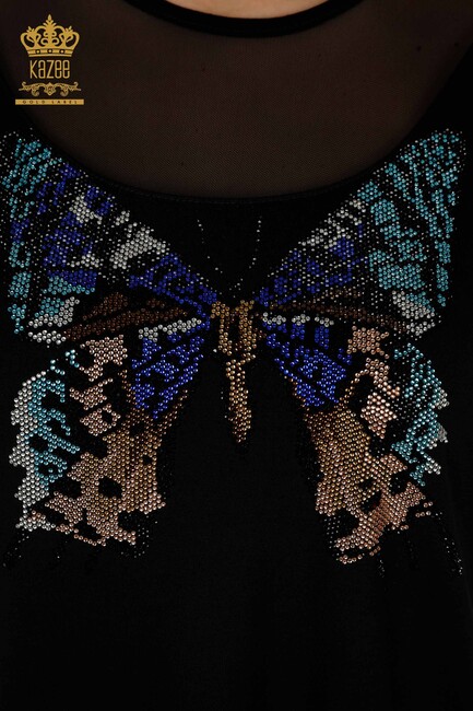 Women's Blouse Butterfly Pattern Black - 79103 | KAZEE - Thumbnail