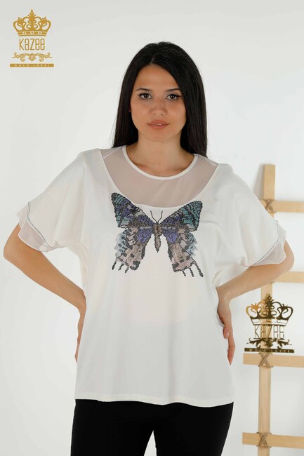 Women's Blouse Butterfly Patterned Ecru - 79103 | KAZEE - Thumbnail