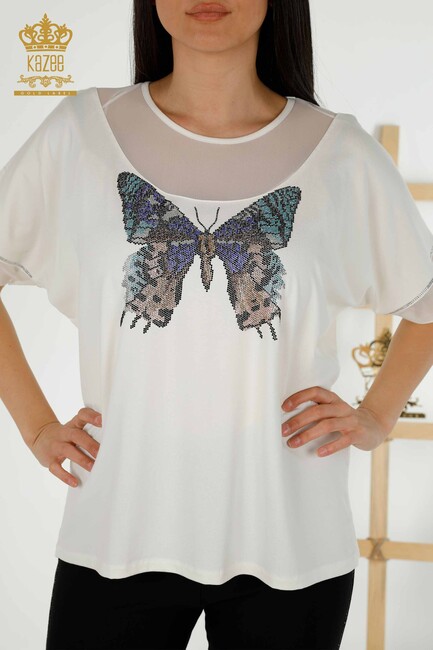 Women's Blouse Butterfly Patterned Ecru - 79103 | KAZEE - Thumbnail