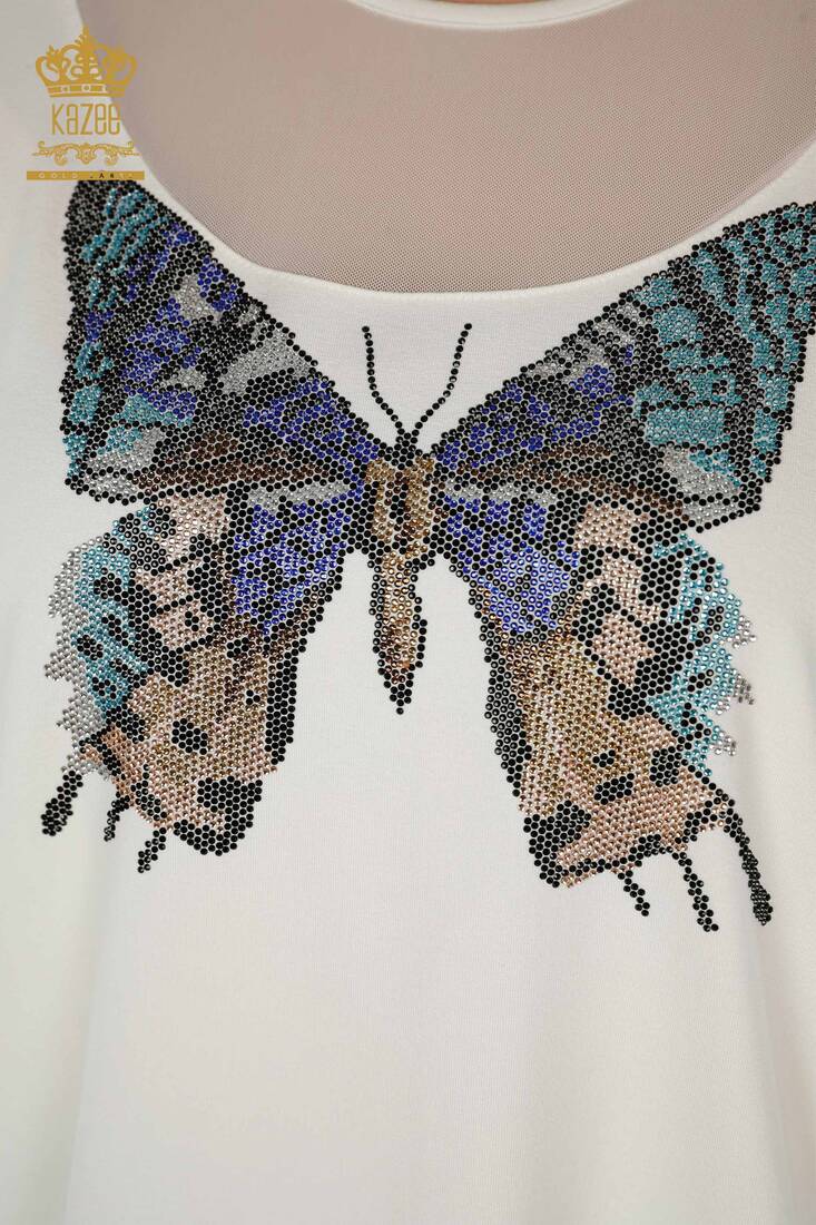 Women's Blouse Butterfly Patterned Ecru - 79103 | KAZEE